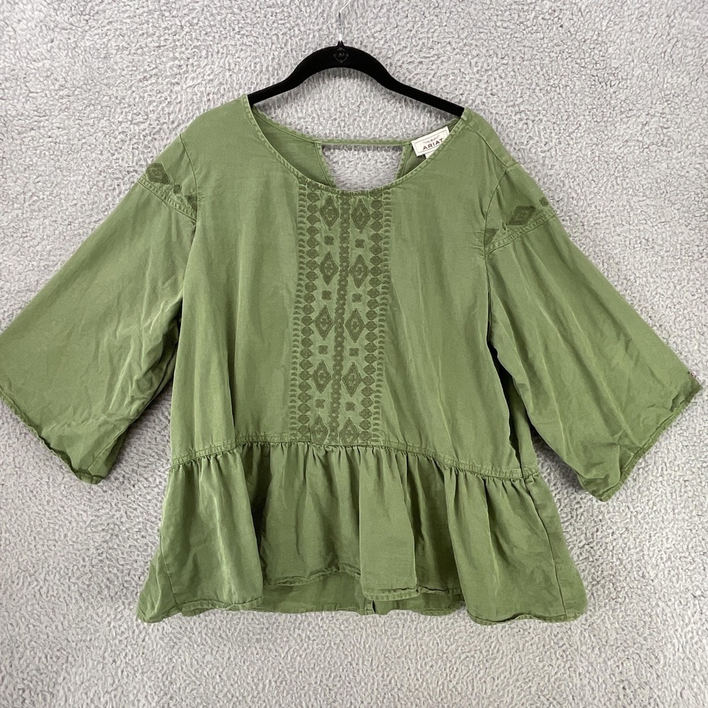 Ariat Tunic Blouse Womens XL Green Round Neck Bell Sleeve Embroidered Lyocell